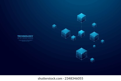 Abstract digital isometric blockchain concept on blue background. Technology 3D linked blocks in futuristic low poly wireframe graphic design style. Modern polygonal vector illustration for web page.