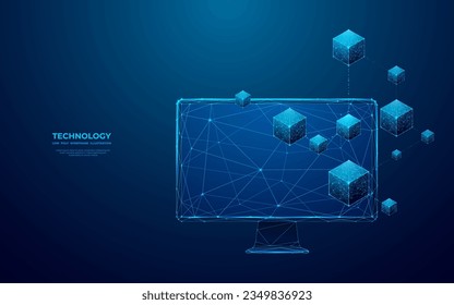 Abstraktes digitales isometrisches Blockchain Symbol auf einem Bildschirm des Computerbildschirms. Verbundene Blöcke Technologie oder Metaverse-Konzept. Vektorgrafik auf blauem Hintergrund im futuristischen Low-Poly-Wireframe-Stil.