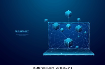 Resumen de la cadena de bloqueo isométrico digital en el portátil abierto. Bloques enlazados en una pantalla de computadora. Tecnología o concepto metaverso. Ilustración vectorial 3D sobre fondo azul en wireframe futurista de baja polilla.