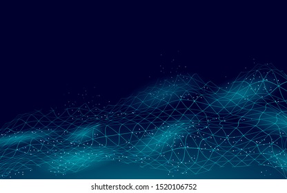 Abstract digital landscape 3D blue background. Information code flow data analysis concept. Modern grid mesh scape particle connected dots vector illustration