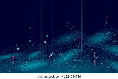 Abstract digital landscape 3D blue background. Information code flow data analysis concept. Modern grid mesh scape particle connected dots vector illustration