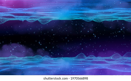 Abstract digital landscape up and down. Stars on horizon. Wireframe landscape background. Big Data. 3d futuristic vector illustration. 80s Retro Sci-Fi Background.