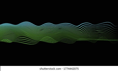 Resumen del paisaje digital. fondo de líneas de flujo. Océano ondulado fluido. Patrón lineal a rayas. Ola de sonido musical. Ilustración del vector