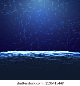 Abstract digital landscape with flowing particles, upper light and digtis on the background. Cyber or technology background.Vector illustration.