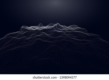Abstract digital landscape with flowing particles. Cyber or technology background.Vector illustration. - Vector