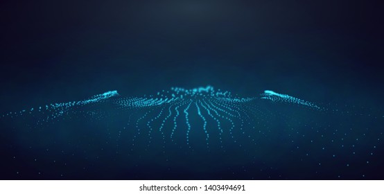 Abstract digital landscape with flowing particles and glowing lights. Cyber or technology background.Vector illustration.