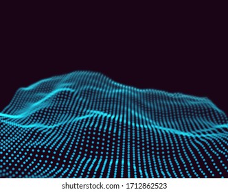 Abstract digital landscape with flowing particles and upper light. Cyber or technology background.Vector illustration.