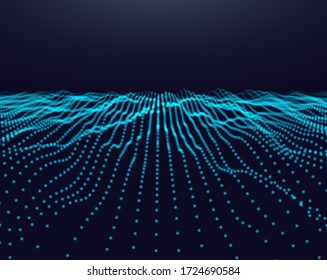 Abstract digital landscape with flowing particles. Cyber or technology background.Vector illustration.