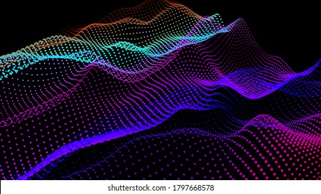 Abstract digital landscape with flowing particles. Cyber or technology background. Vector illustration of sience motion sound wave. Geometric structure from circles.
