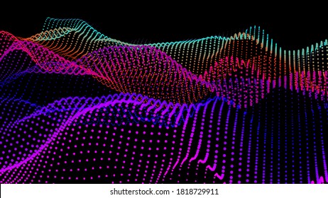 Abstract digital landscape with flowing particles. Cyber or technology background. Vector illustration of sience motion sound wave. Geometric structure from circles.