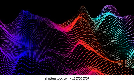 Resumen del paisaje digital con partículas fluyendo. Antecedentes cibernéticos o tecnológicos. Ilustración vectorial de la onda sonora de movimiento de la ciencia. Estructura geométrica a partir de círculos.