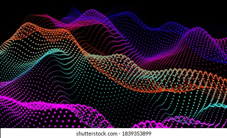 Abstract digital landscape with flowing particles. Cyber or technology background. Vector illustration of sience motion sound wave. Geometric structure from circles.