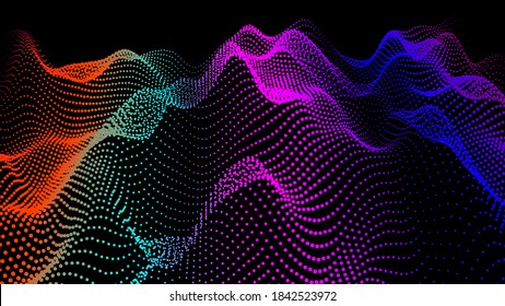 Abstract digital landscape with flowing particles. Cyber or technology background. Vector illustration of sience motion sound wave. Geometric structure from circles.