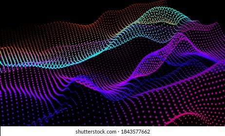 Abstract digital landscape with flowing particles. Cyber or technology background. Vector illustration of sience motion sound wave. Geometric structure from circles.