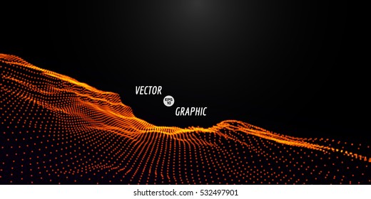 Abstract digital landscape with flowing particles. Cyber or technology background.Vector illustration.