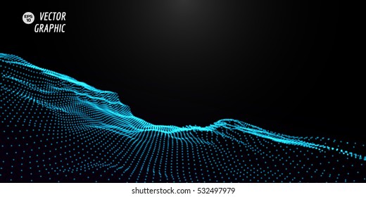 Abstract digital landscape with flowing particles. Cyber or technology background.Vector illustration.