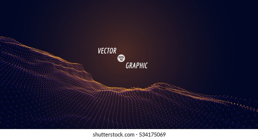 Abstract Digital Landscape With Flowing Particles. Cyber Or Technology Background.Vector Illustration.