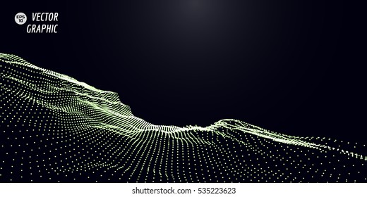 Abstract digital landscape with flowing particles. Cyber or technology background.Vector illustration.