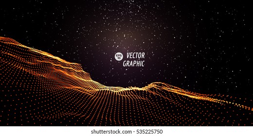 Abstract Digital Landscape With Flowing Particles And Stars On Horizon. Cyber Or Technology Background.Vector Illustration