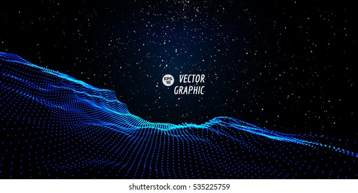 Abstract Digital Landscape With Flowing Particles And Stars On Horizon. Cyber Or Technology Background.Vector Illustration.