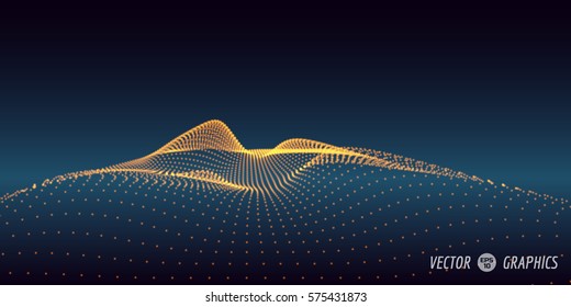 Abstract Digital Landscape With Flowing Particles. Cyber Or Technology Background.Vector Illustration.