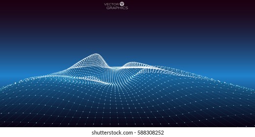 Panorama digital abstracto con partículas fluidas. Antecedentes de la tecnología o el ciber.Ilustración vectorial.