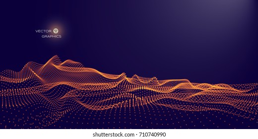 Abstract Digital Landscape With Flowing Particles. Cyber Or Technology Background.Vector Illustration.