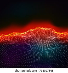 Abstract digital landscape with flowing particles and stars on horizon. Cyber or technology background.Vector illustration