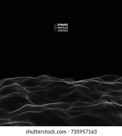 Abstract digital landscape with flowing particles. Cyber or technology background. Vector surface of dots illustration.