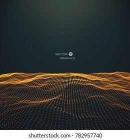 Abstract digital landscape with flowing particles. Cyber or technology background.Vector illustration.