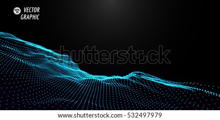 Abstract digital landscape with flowing particles. Cyber or technology background.Vector illustration.