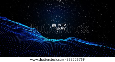 Abstract digital landscape with flowing particles and stars on horizon. Cyber or technology background.Vector illustration.