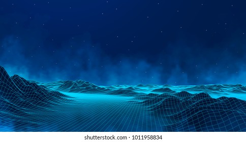 Abstract digital landscape with particles dots and stars on horizon. Wireframe landscape background. Big Data. 3d futuristic vector illustration. 80s Retro Sci-Fi Background