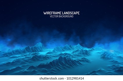 Abstract digital landscape with particles dots and stars on horizon. Wireframe landscape background. Big Data. 3d futuristic vector illustration. 80s Retro Sci-Fi Background