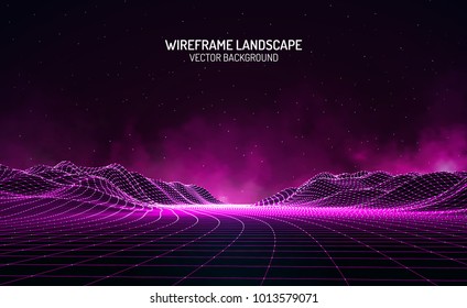 Abstract digital landscape with particles dots and stars on horizon. Wireframe landscape background. Big Data. 3d futuristic vector illustration. 80s Retro Sci-Fi Background