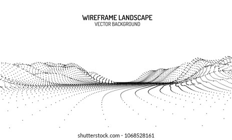 Abstract digital landscape with particles dots and stars on horizon. Wireframe landscape background. Big Data. 3d futuristic vector illustration. 80s Retro Sci-Fi Background