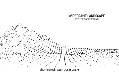 Abstract digital landscape with particles dots and stars on horizon. Wireframe landscape background. Big Data. 3d futuristic vector illustration. 80s Retro Sci-Fi Background
