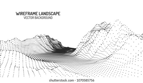 Abstract digital landscape with particles dots and stars on horizon. Wireframe landscape background. Big Data. 3d futuristic vector illustration. 80s Retro Sci-Fi Background