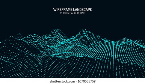 Abstract digital landscape with particles dots and stars on horizon. Wireframe landscape background. Big Data. 3d futuristic vector illustration. 80s Retro Sci-Fi Background