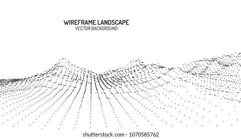 Abstract digital landscape with particles dots and stars on horizon. Wireframe landscape background. Big Data. 3d futuristic vector illustration. 80s Retro Sci-Fi Background