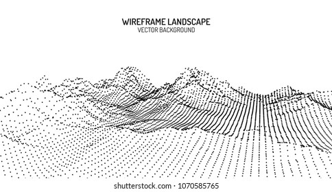 Abstract digital landscape with particles dots and stars on horizon. Wireframe landscape background. Big Data. 3d futuristic vector illustration. 80s Retro Sci-Fi Background
