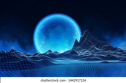 Abstract digital landscape with particles dots and stars on horizon. Wireframe landscape background. Big Data. 3d futuristic vector illustration. 80s Retro Sci-Fi Background