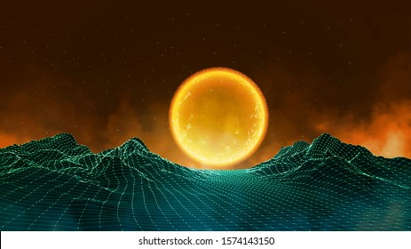 Abstract digital landscape with particles dots and stars on horizon. Wireframe landscape background. Big Data. 3d futuristic vector illustration. 80s Retro Sci-Fi Background. crypto