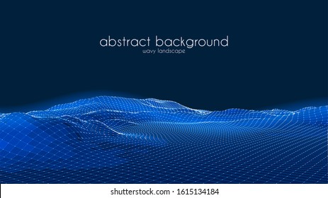 Abstract digital landscape with particles dots and stars on horizon. Wireframe landscape background. Big Data. 3d futuristic vector illustration. 80s Retro Sci-Fi Background