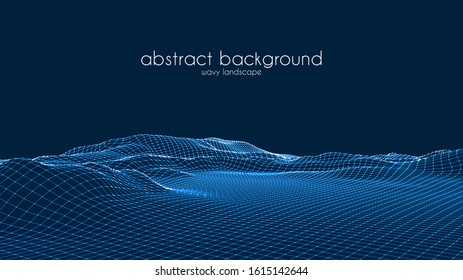 Abstract digital landscape with particles dots and stars on horizon. Wireframe landscape background. Big Data. 3d futuristic vector illustration. 80s Retro Sci-Fi Background