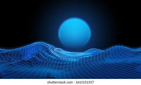 Abstract digital landscape with particles dots and stars on horizon. Wireframe landscape background. Big Data. 3d futuristic vector illustration. 80s Retro Sci-Fi Background