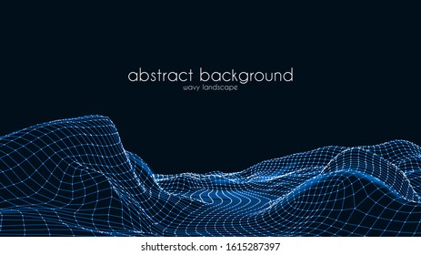 Abstract digital landscape with particles dots and stars on horizon. Wireframe landscape background. Big Data. 3d futuristic vector illustration. 80s Retro Sci-Fi Background