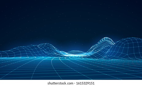 Abstract digital landscape with particles dots and stars on horizon. Wireframe landscape background. Big Data. 3d futuristic vector illustration. 80s Retro Sci-Fi Background