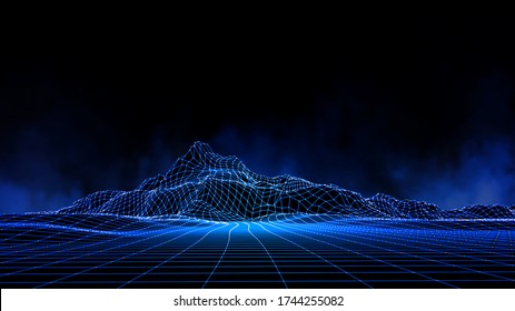 Abstract digital landscape with particles dots and stars on horizon. Wireframe landscape background. Big Data. 3d futuristic vector illustration. 80s Retro Sci-Fi Background