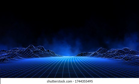 Abstract digital landscape with particles dots and stars on horizon. Wireframe landscape background. Big Data. 3d futuristic vector illustration. 80s Retro Sci-Fi Background